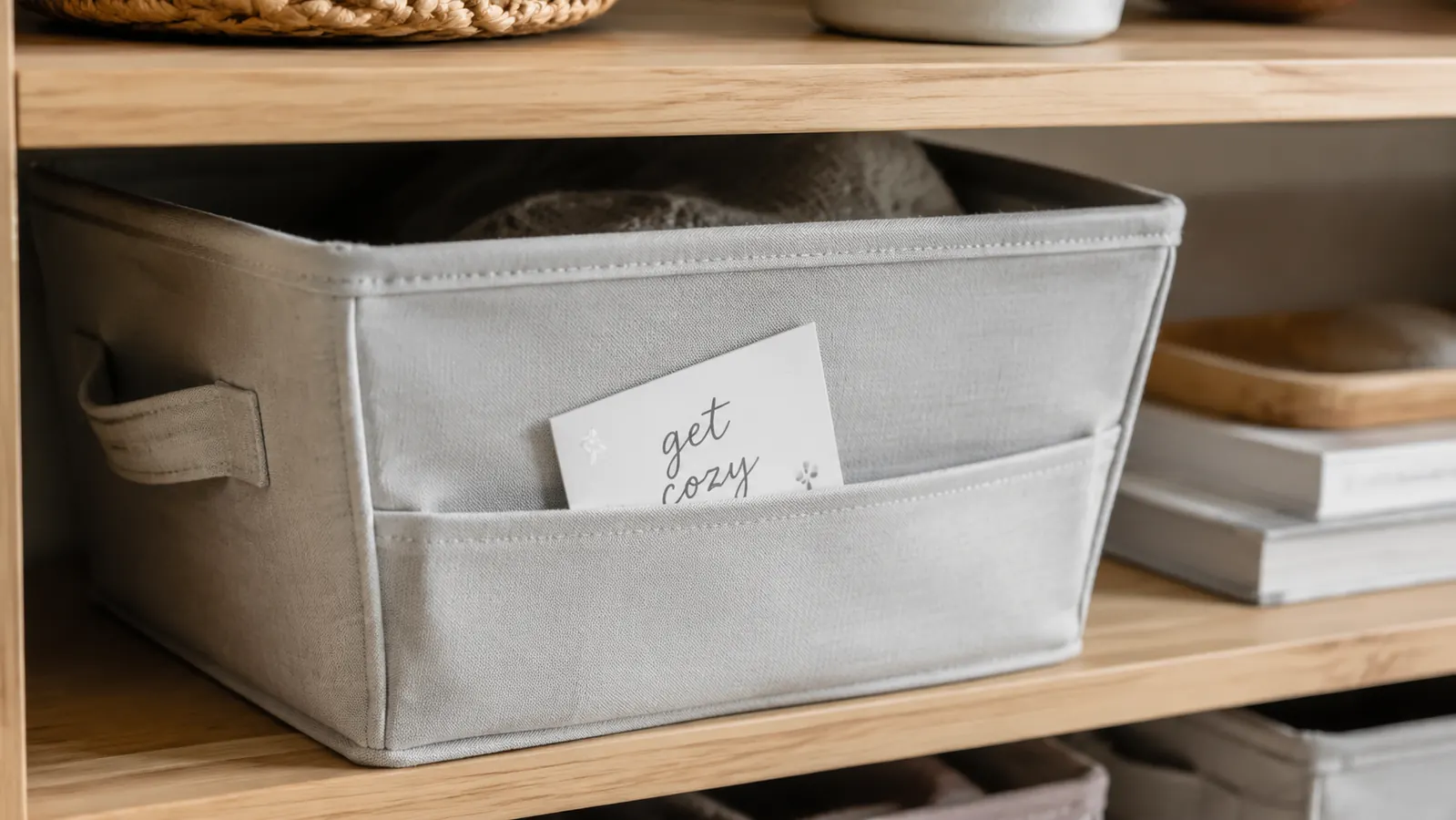 Close-up of a labeled closet bin with a handwritten tag showing its contents, sitting on a wooden shelf