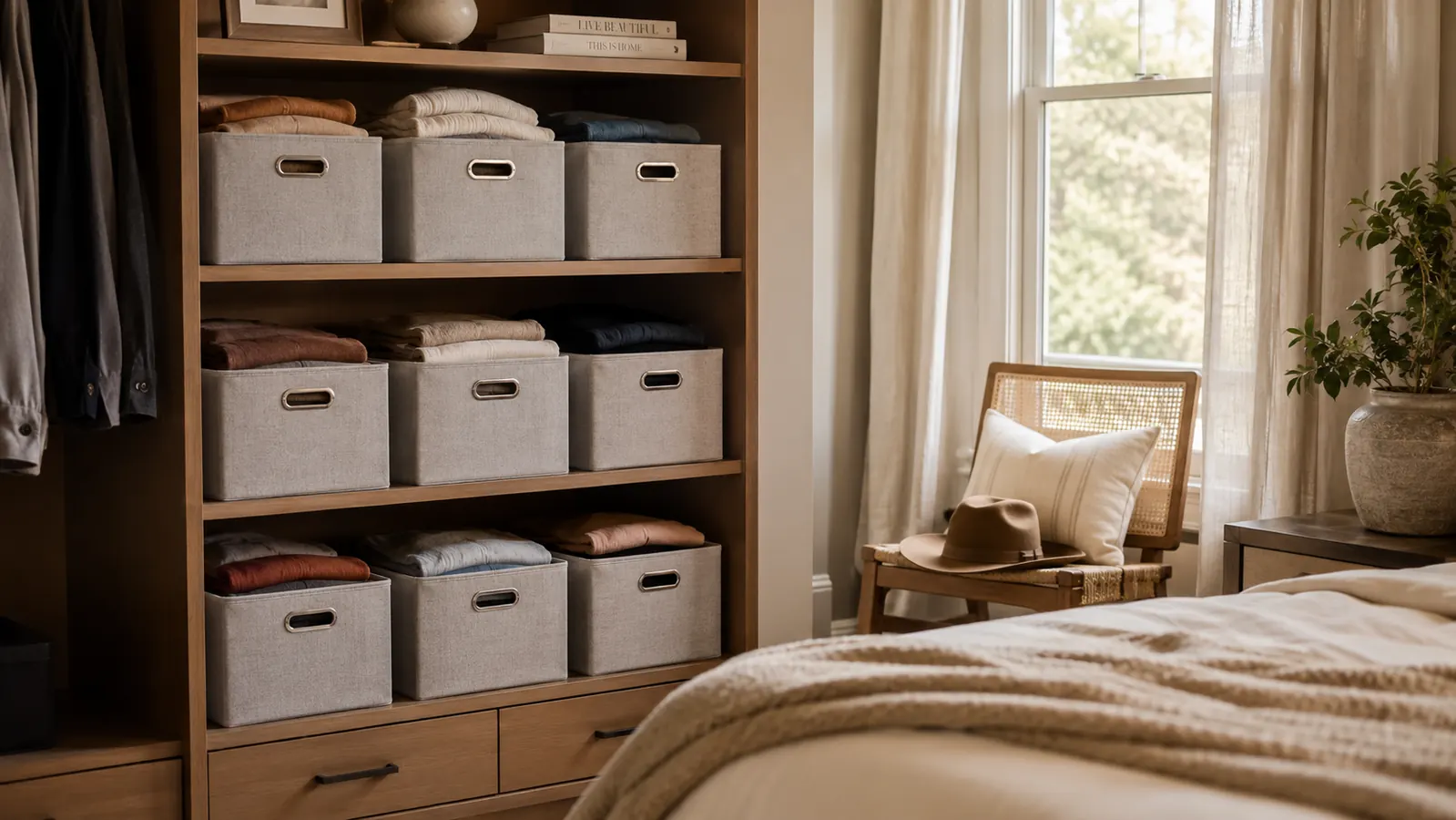 Neatly organized bedroom closet shelves with matching fabric storage bins in warm lighting