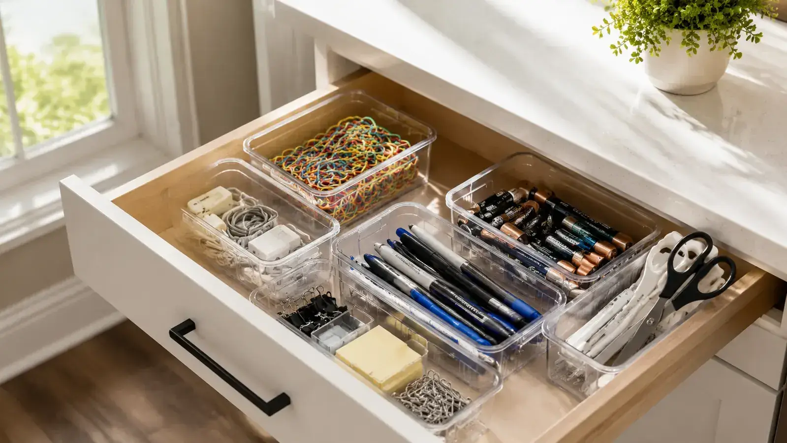 Neatly organized kitchen drawer with clear plastic bins sorting utensils, batteries, and small tools in tidy compartments