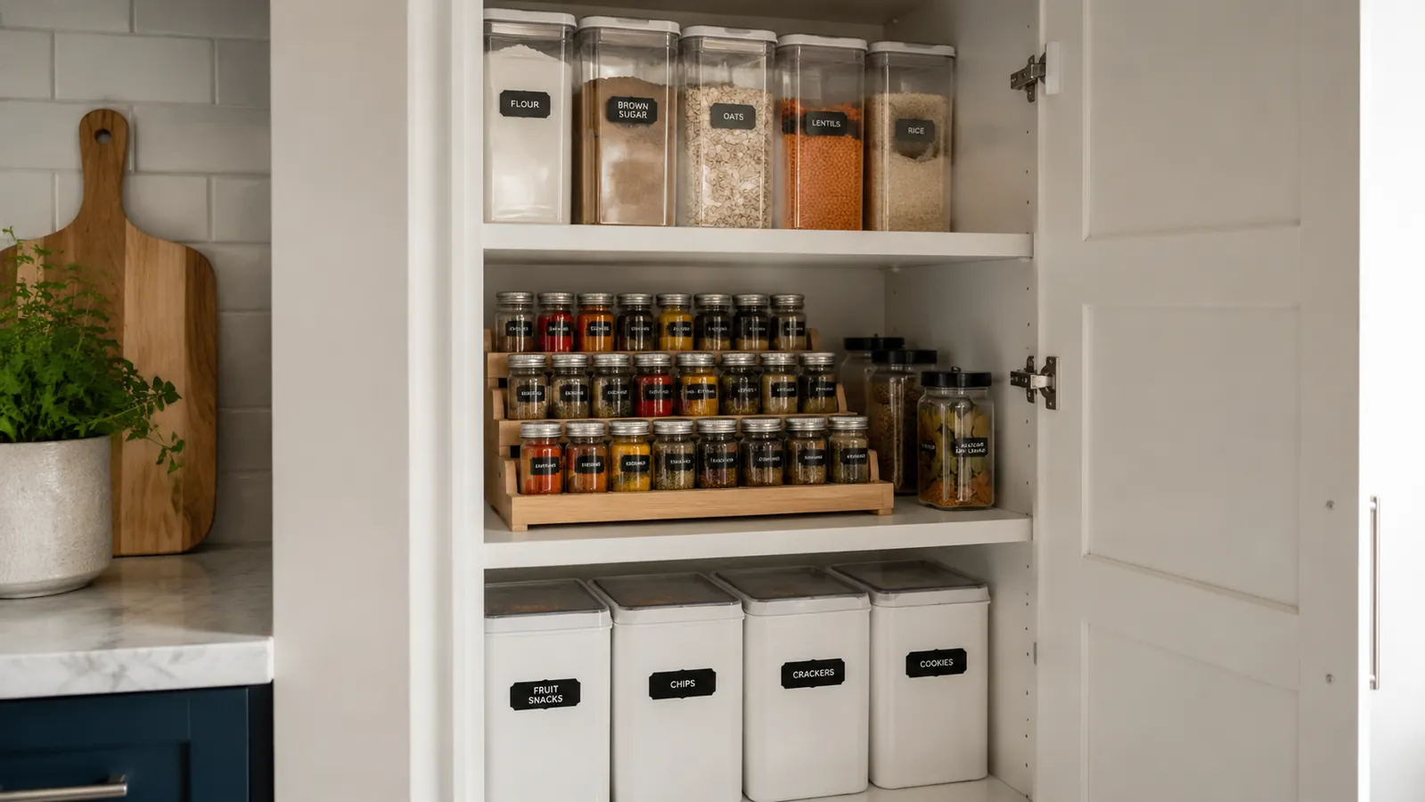 Full pantry cabinet styled with tiered spice rack plus matching storage bins on upper and lower shelves