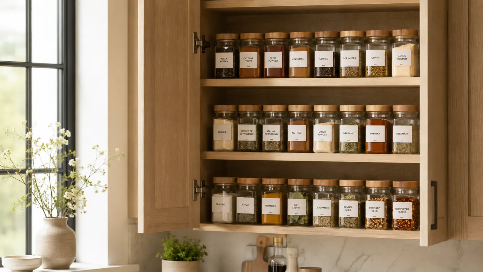Organized pantry cabinet with a tiered spice rack holding labeled spice jars in rows, warm kitchen light