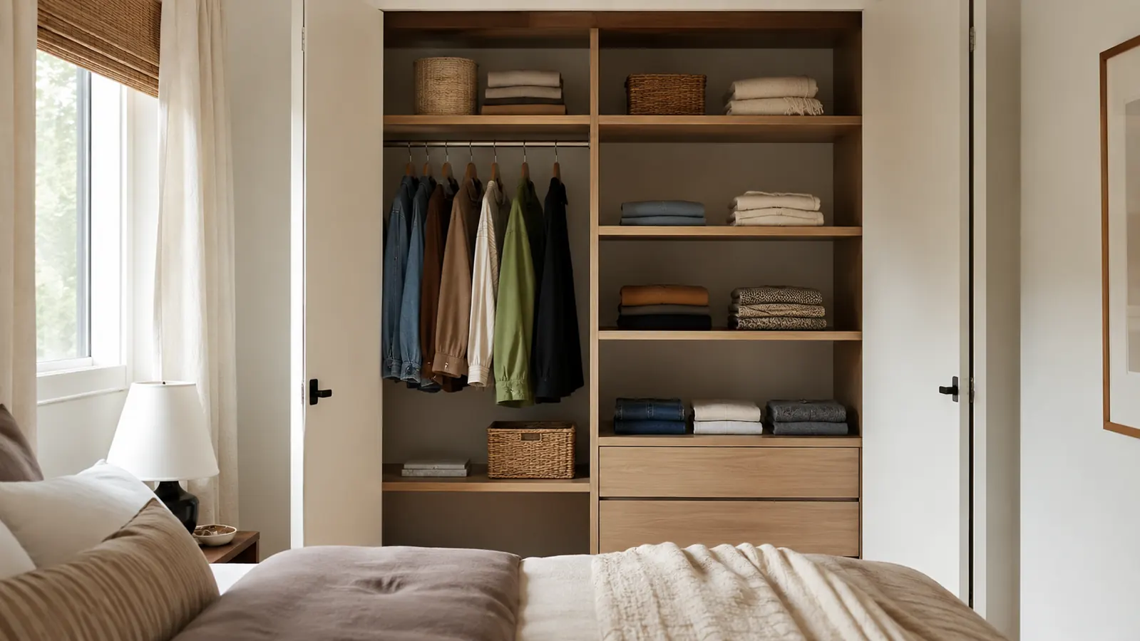 Spacious organized closet with empty shelves after seasonal clothes moved to under-bed storage