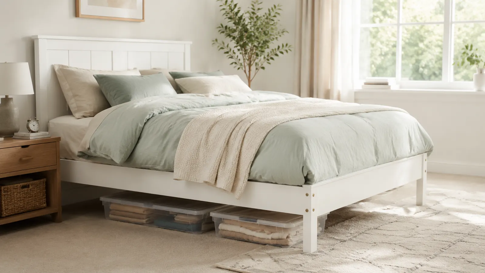 Neatly organized bedroom with flat under-bed storage bins visible beneath a white bed frame, warm morning light