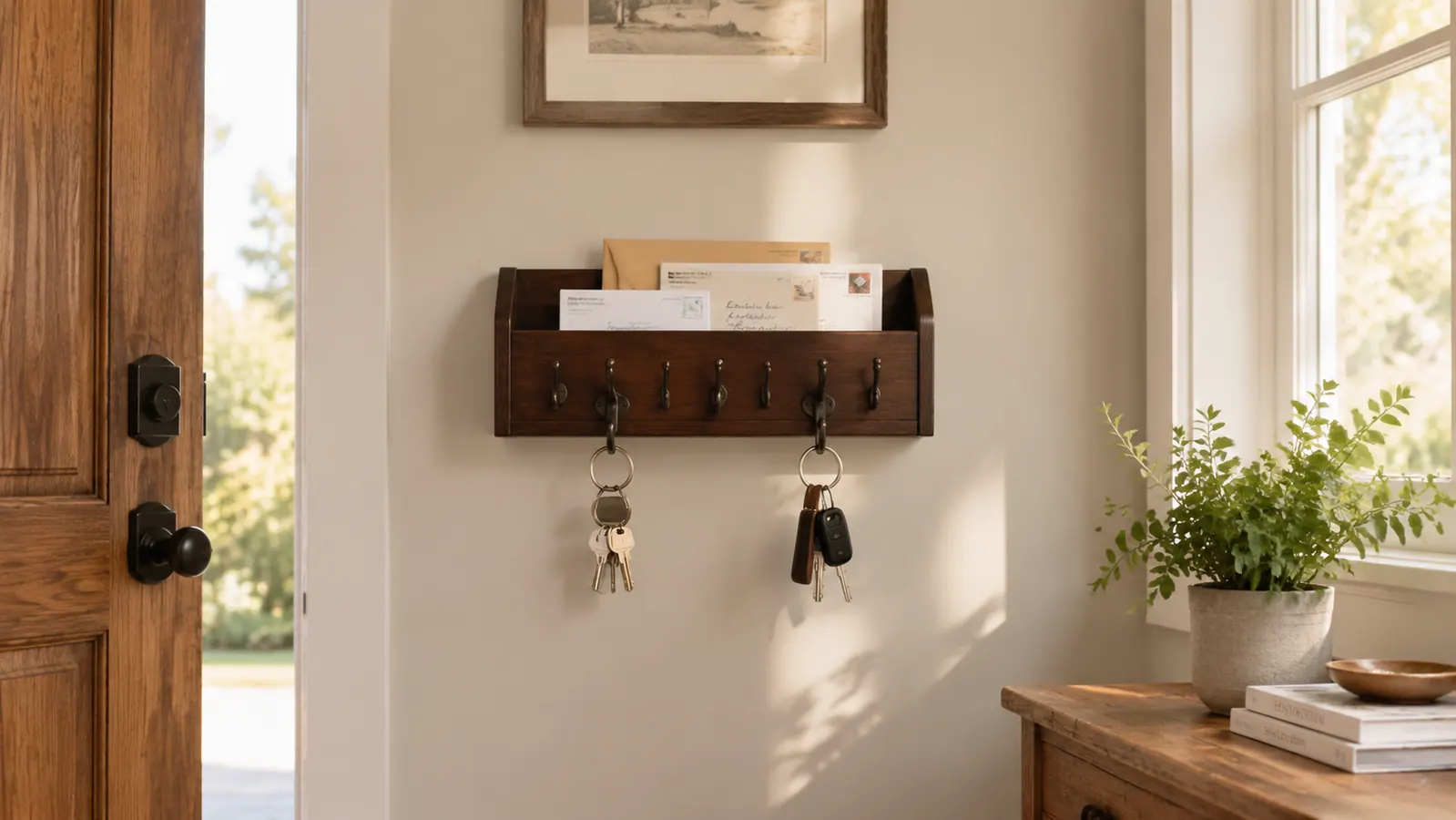 Organized entryway with a wall-mounted key and mail holder beside a front door, keys hanging neatly from hooks