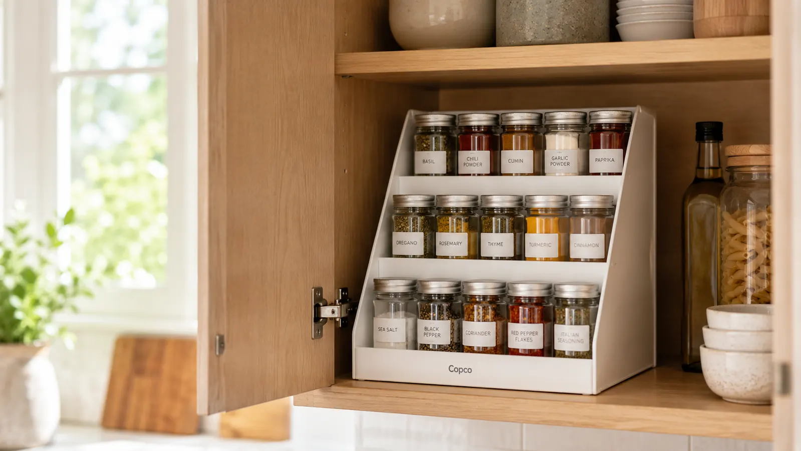 Copco 3-tier spice rack holding labeled spice jars inside a white kitchen cabinet, with the cabinet door open