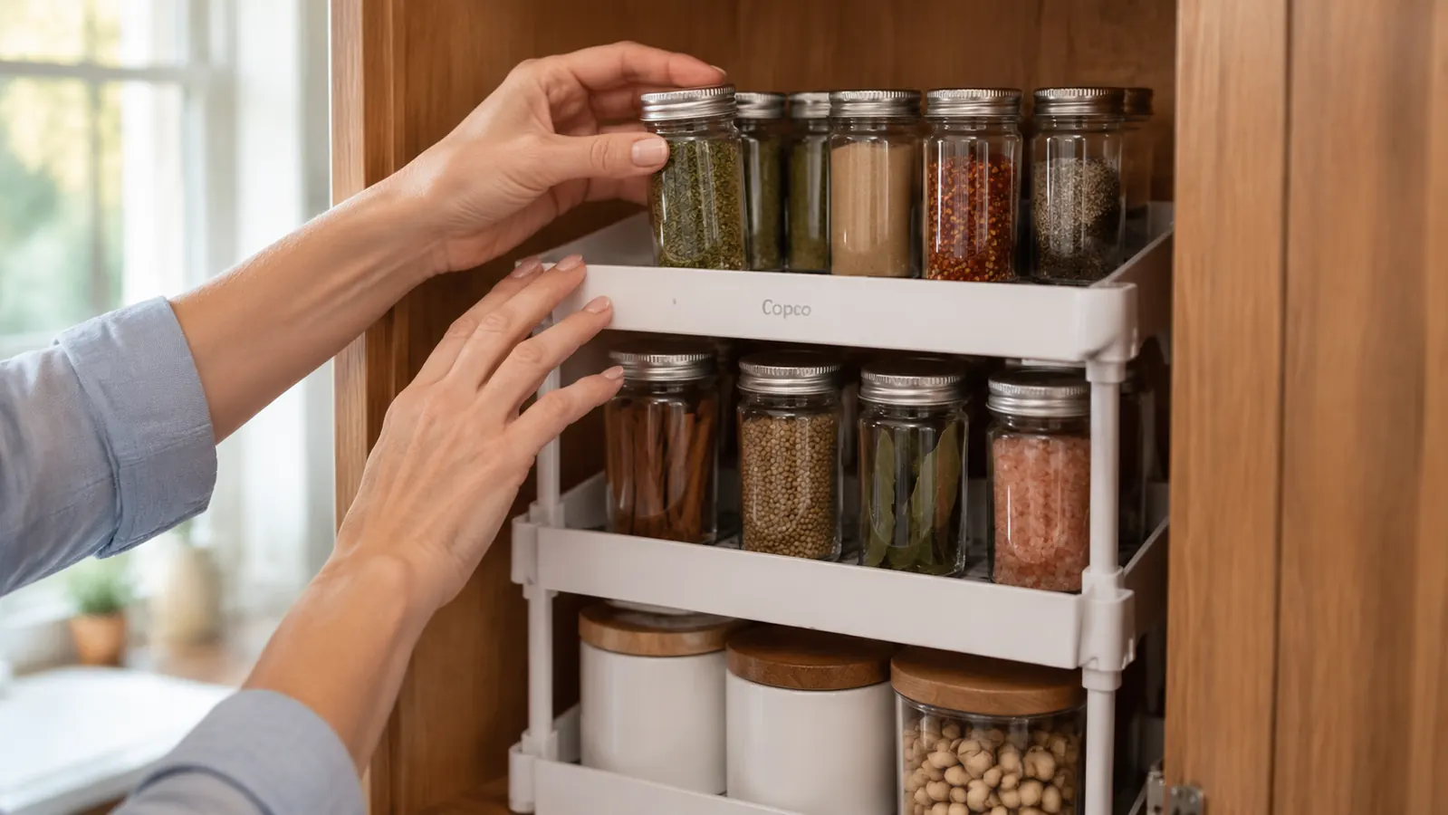 Hands placing a small spice jar on the top tier of the Copco 3-tier organizer inside a pantry cabinet