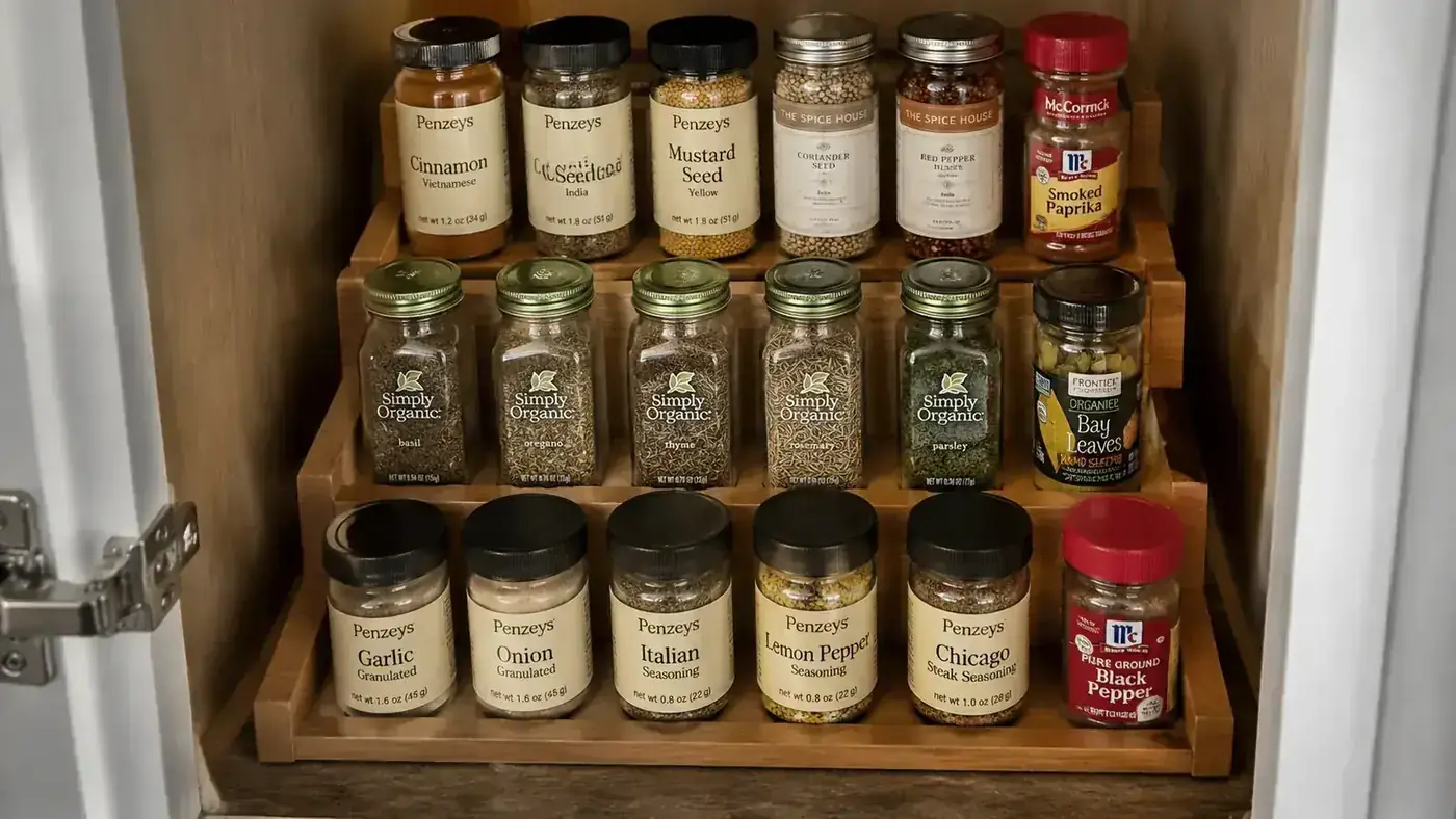 A close-up of spice jar labels clearly visible from a standing position thanks to the stepped tiers of the organizer