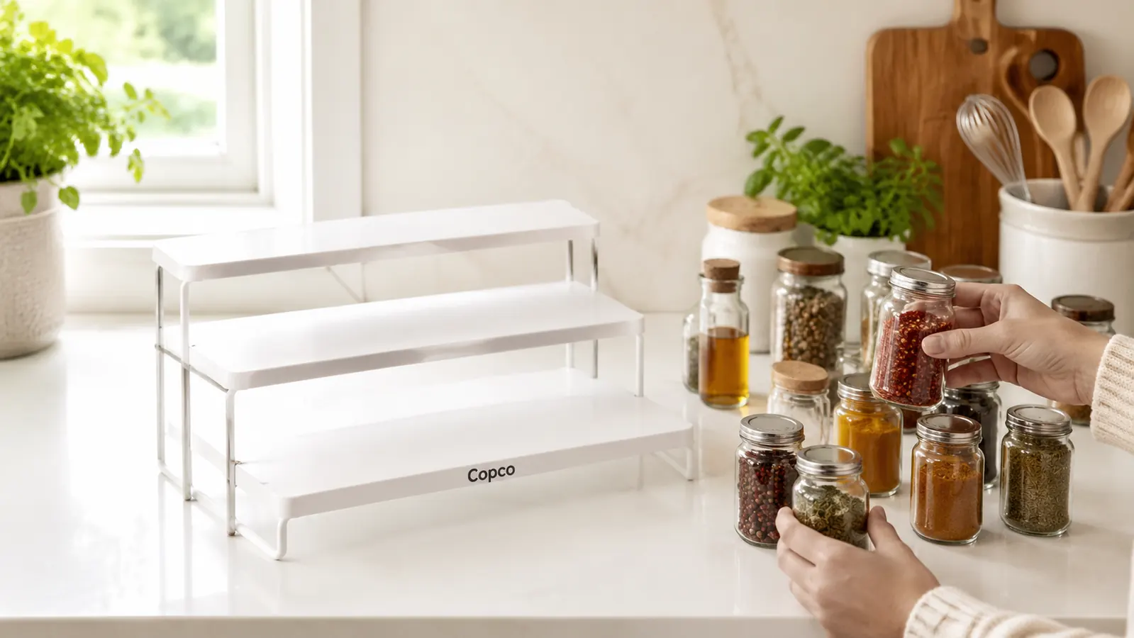 Copco spice rack on a kitchen counter next to a stack of spice jars waiting to be organized