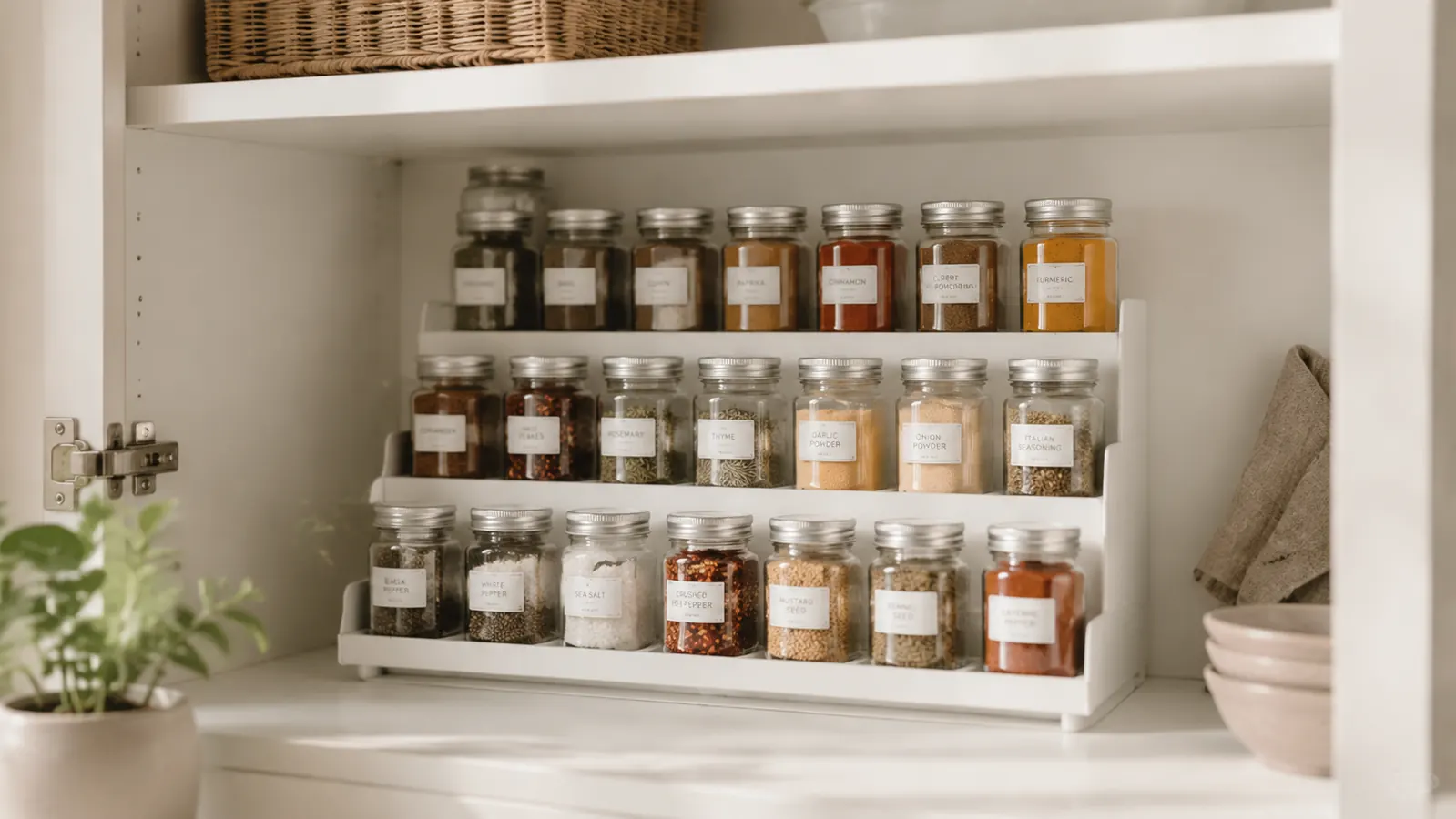 A tidy pantry cabinet shelf showing rows of spice jars arranged on a white tiered organizer with warm kitchen light