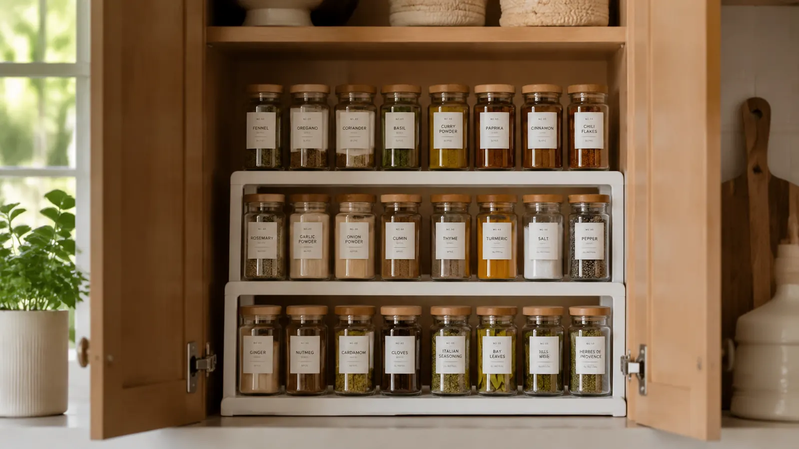 Neatly organized pantry cabinet with tiered spice rack holding labeled jars in rows