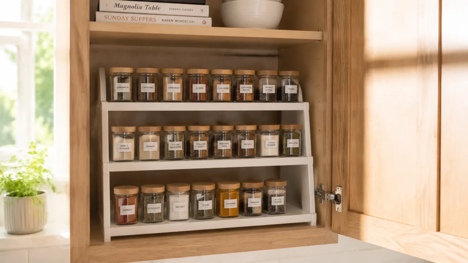 Organized kitchen cabinet with tiered spice rack holding labeled jars, warm morning light through window