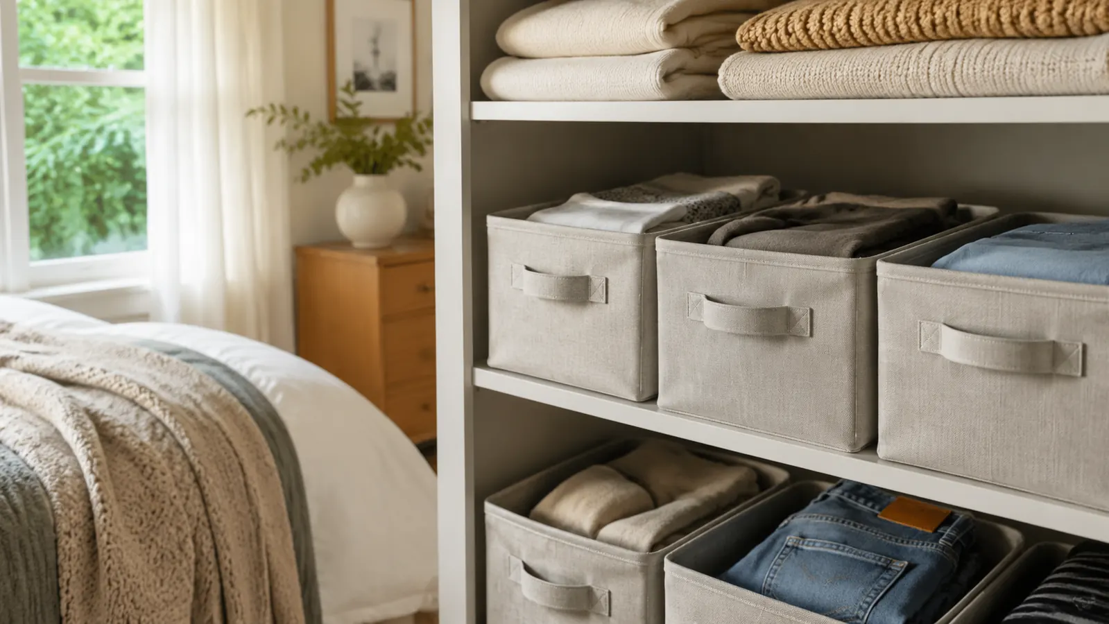 Organized closet shelf with fabric-handled bins holding folded sweaters and accessories, soft natural light