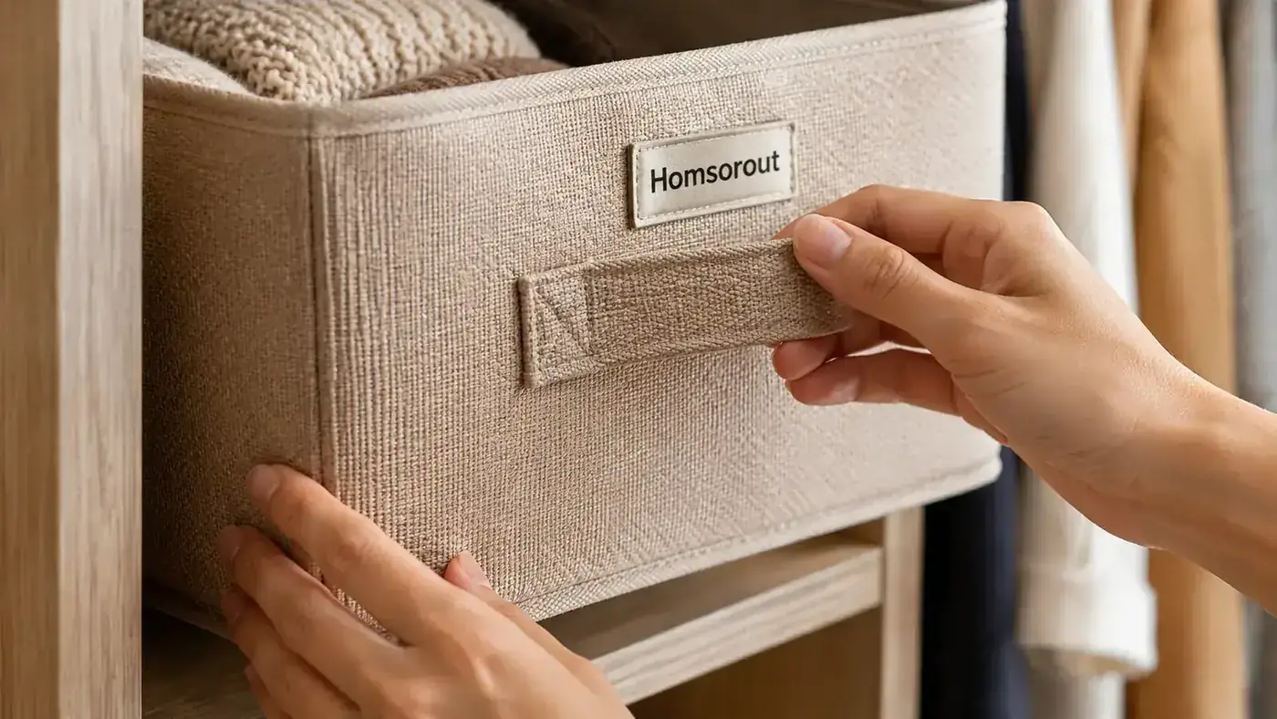 Homsorout closet bin pulled halfway off a shelf showing the handle stitching detail up close