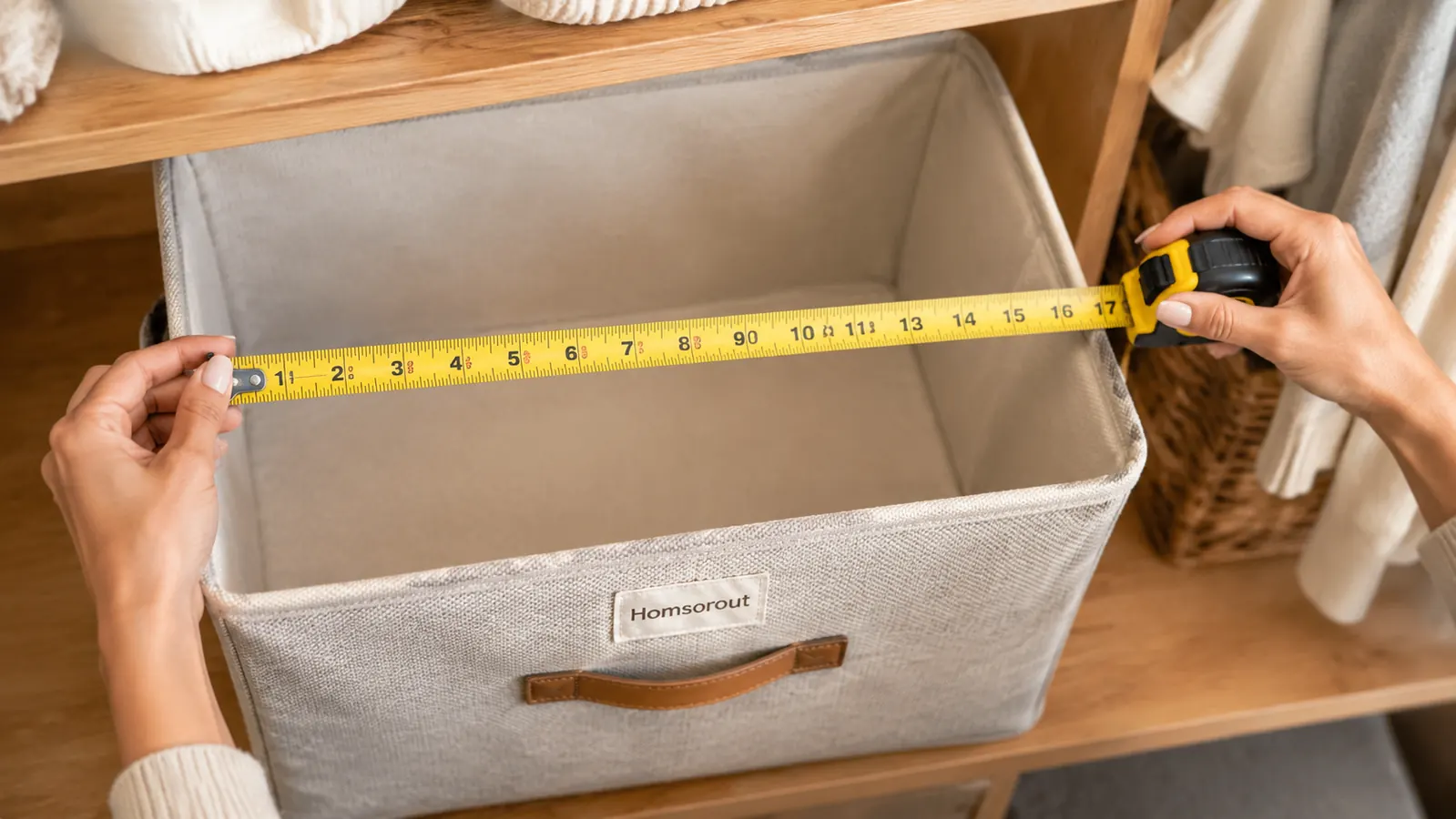 Measuring tape laid across the top opening of a fabric closet bin sitting on a shelf to check dimensions