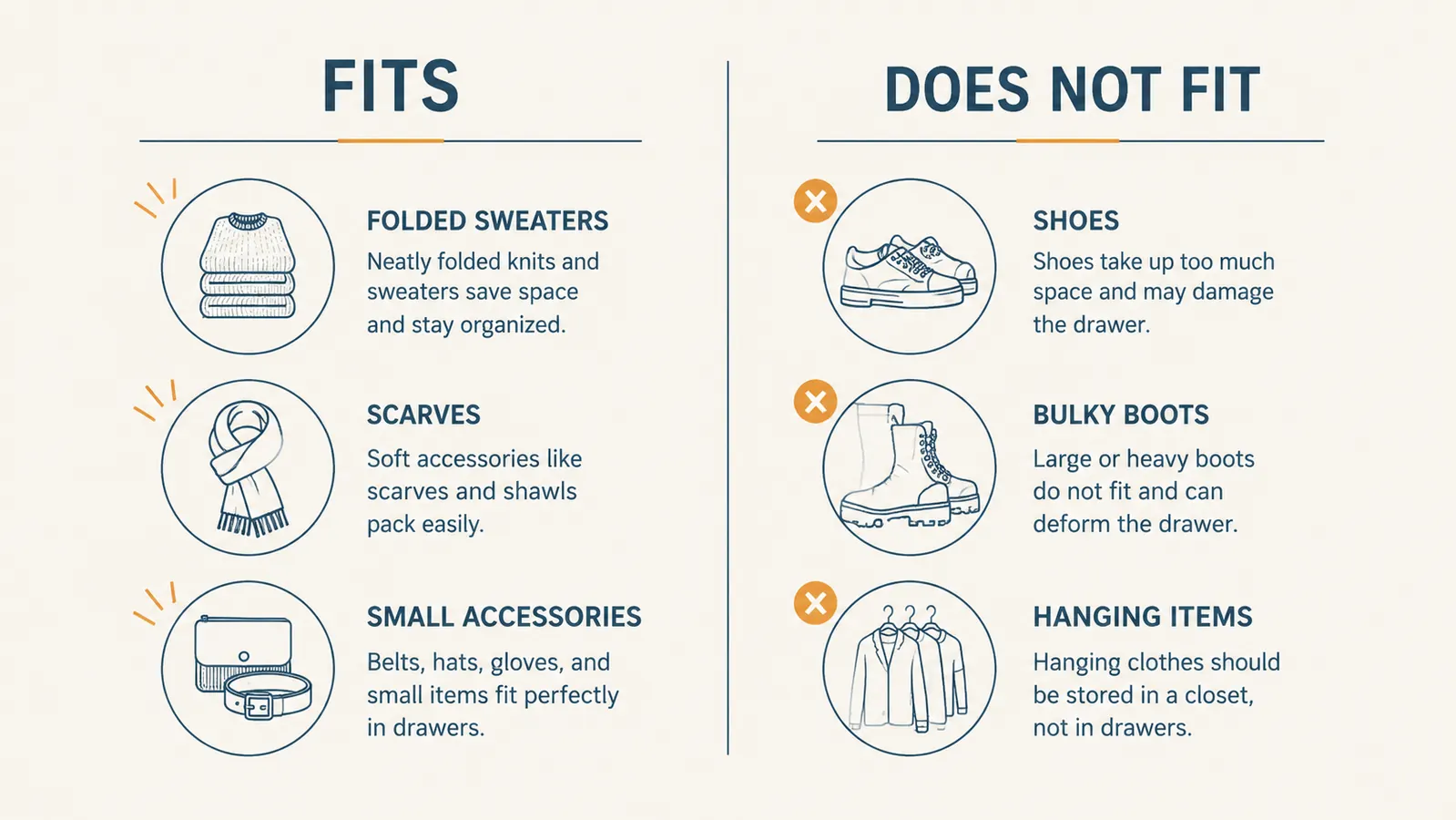 Side-by-side graphic comparing what fits in a closet bin versus what does not with simple icons