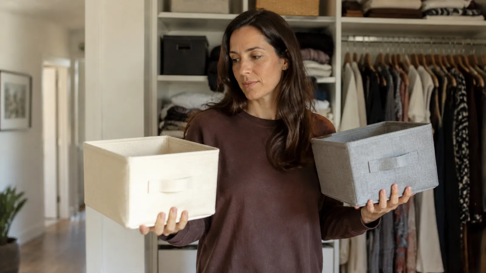 A woman comparing two different closet storage bins on a shelf, looking thoughtful before deciding