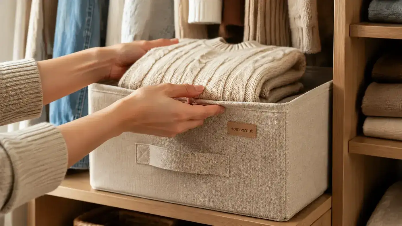 Hands placing a folded sweater into a Homsorout closet organizer bin sitting on a wooden shelf