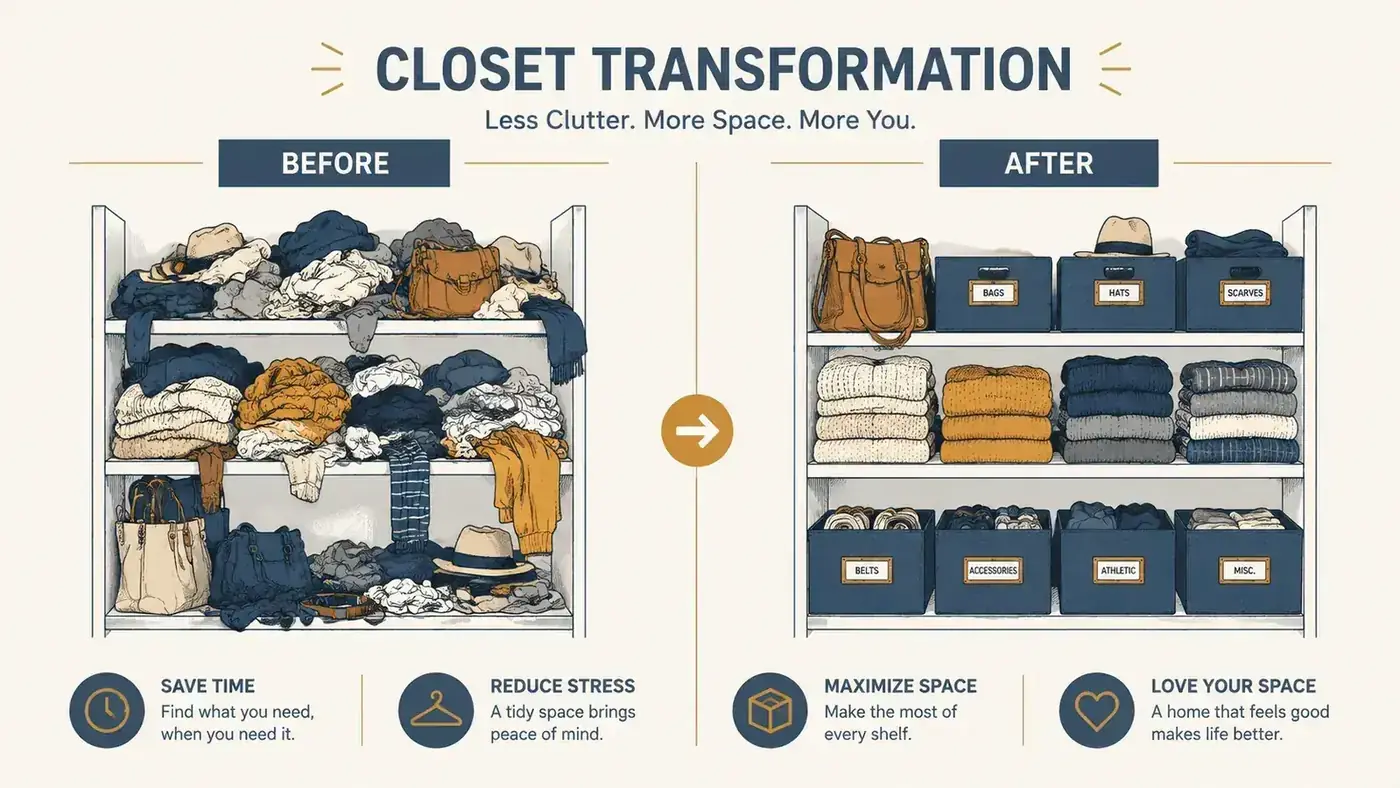 Before and after illustration showing a cluttered closet shelf versus the same shelf organized with labeled fabric bins