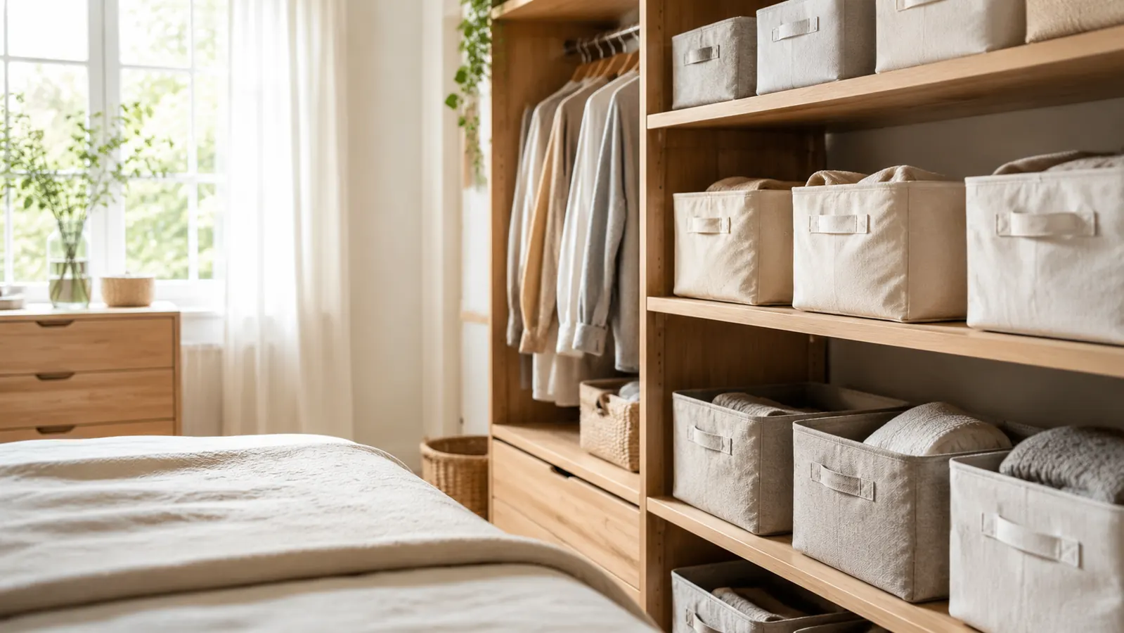Neatly organized bedroom closet shelves with fabric bins holding folded clothes and accessories
