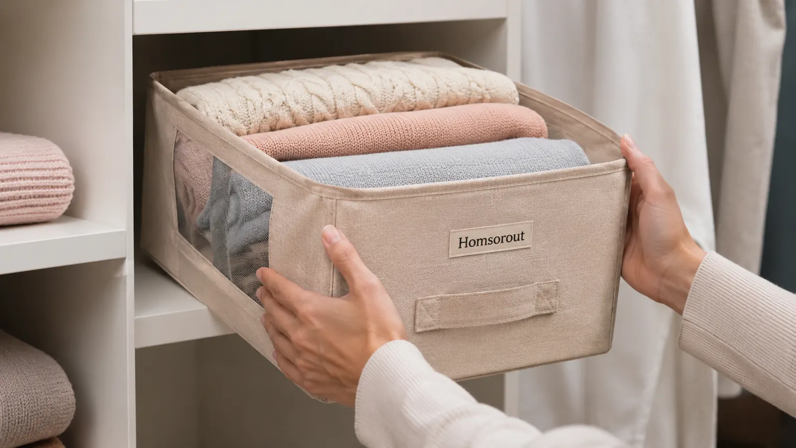 Hands placing a Homsorout closet bin onto a shelf with folded sweaters inside