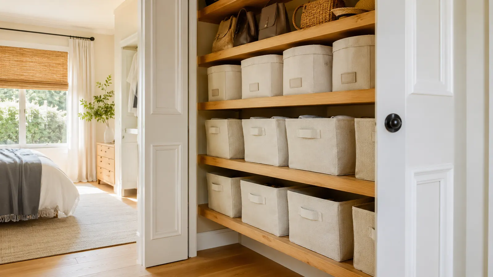 Organized bedroom closet with fabric bins on shelves and soft morning light coming through a nearby window