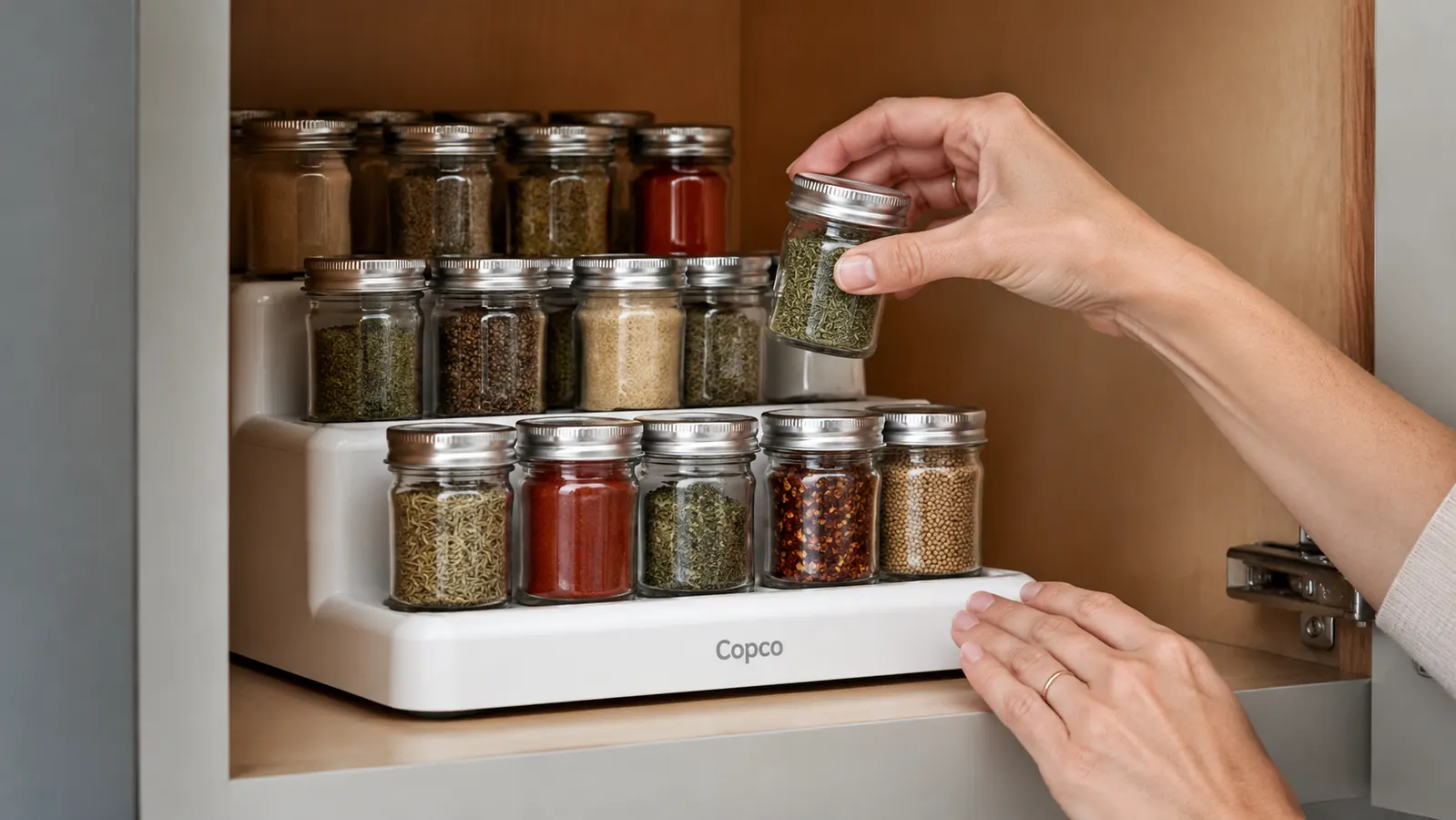 Hands placing spice jars onto a Copco 3-tier cabinet organizer on a pantry shelf