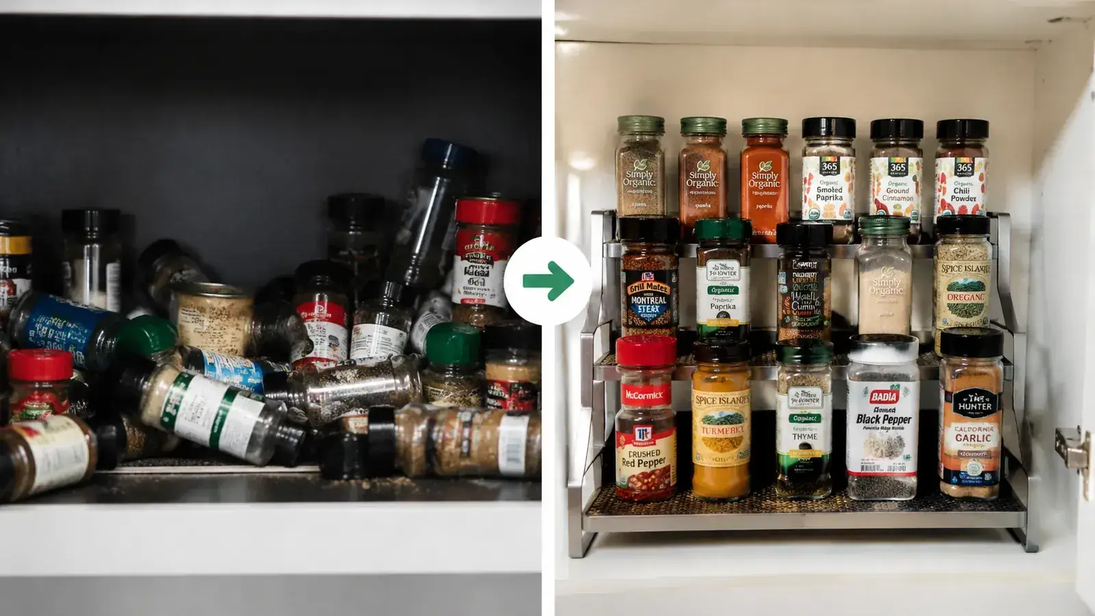 Before and after pantry cabinet: left side shows jumbled spice bottles stacked in a pile, right side shows same cabinet with tiered spice rack neatly holding every jar