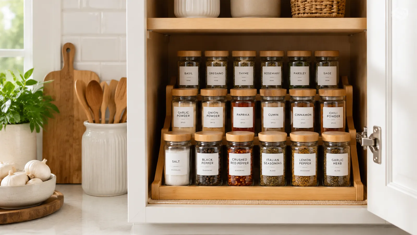 Organized kitchen cabinet shelf with a tiered spice rack holding labeled spice jars in neat rows