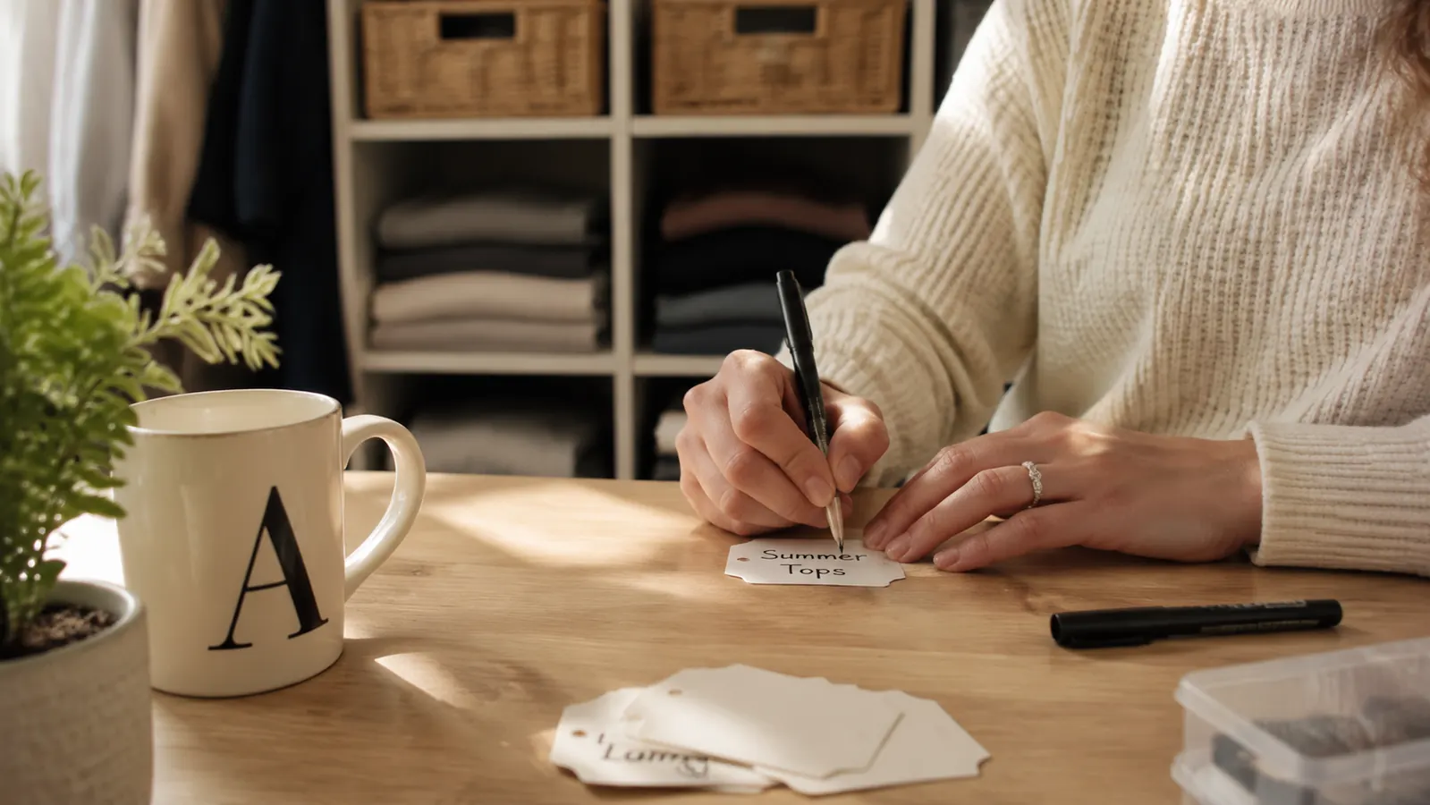 A woman writing a neat label tag to attach to a fabric storage bin on a closet shelf