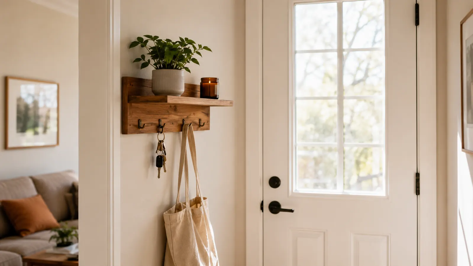 Tidy apartment entryway with a wall-mounted key and mail holder beside the front door, soft morning light coming through a sidelight window
