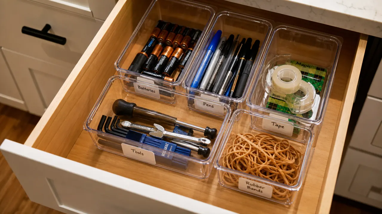 A finished organized junk drawer with labeled clear plastic bins in categories for batteries, writing tools, tape, and small tools