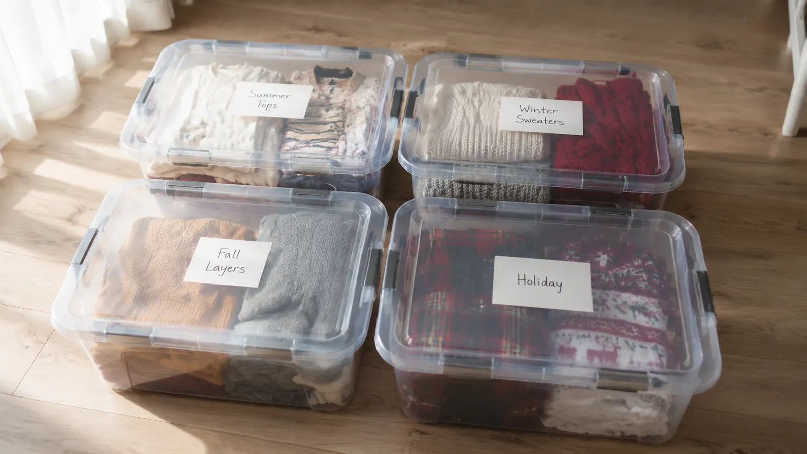 Labeled under-bed bins organized by season and category on a bedroom floor