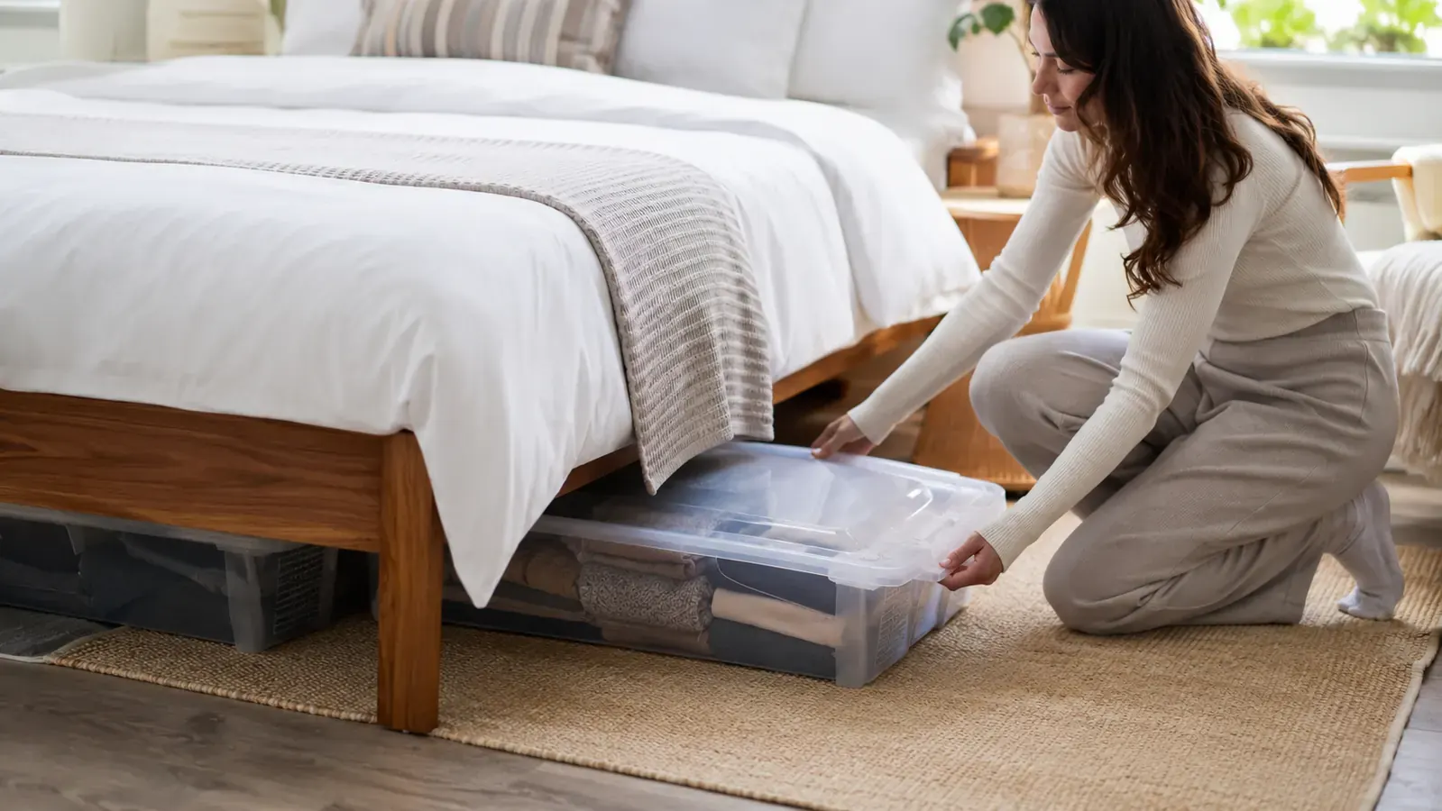 Neatly organized under-bed storage bins sliding out from beneath a bed in a tidy bedroom
