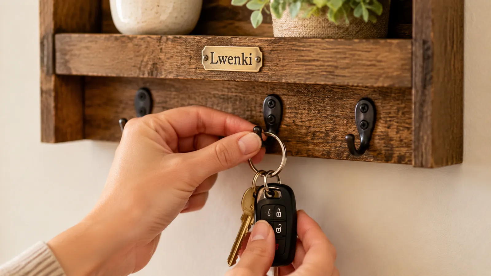 Close-up of a hand hanging a key ring on one of the Lwenki wall holder hooks