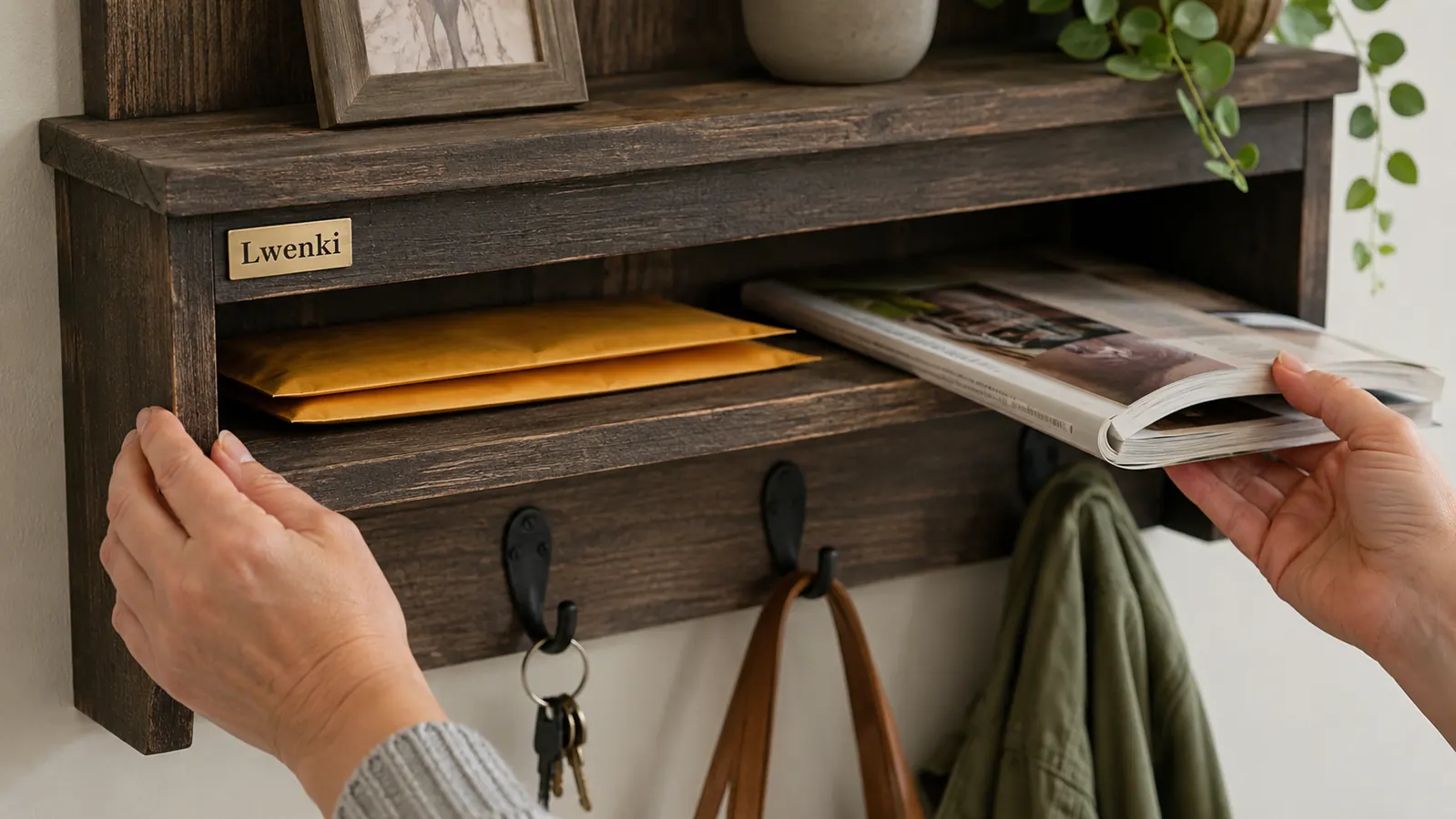 Mail slot on the Lwenki holder showing envelopes that fit and a thick catalog that does not