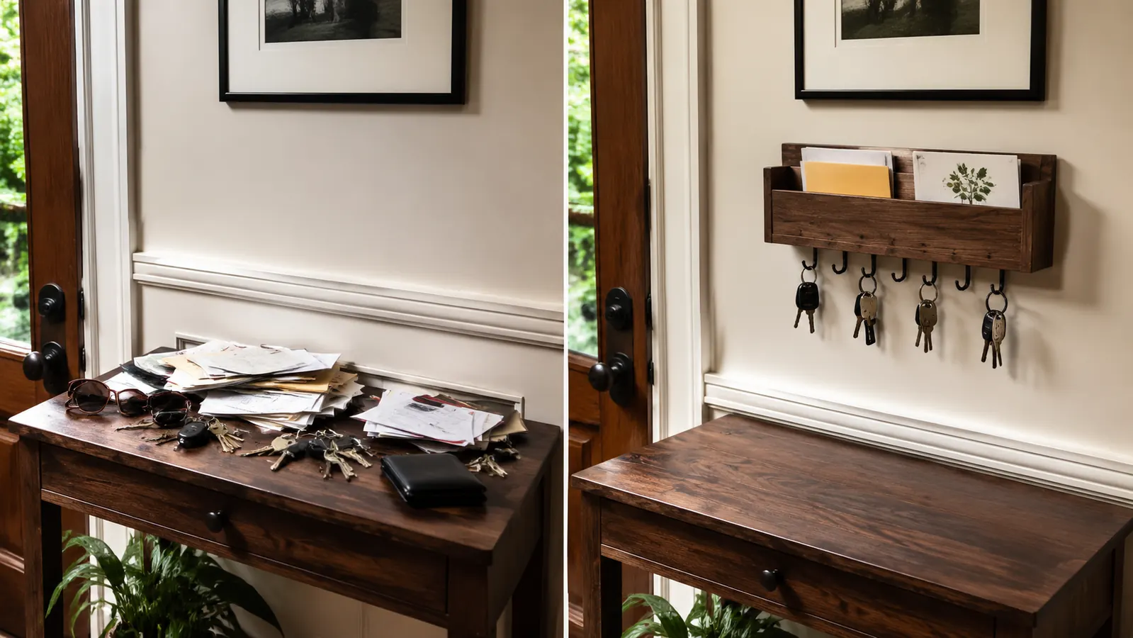 Entryway wall before and after showing cluttered counter replaced by neat wall-mounted key organizer