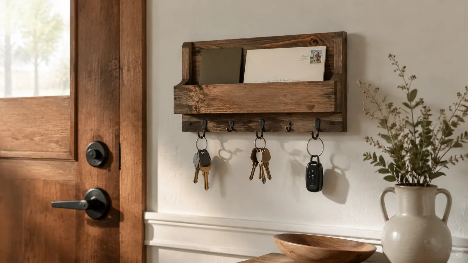 Lwenki wall key and mail holder mounted beside a front door, keys hanging on hooks, envelopes in the mail slot