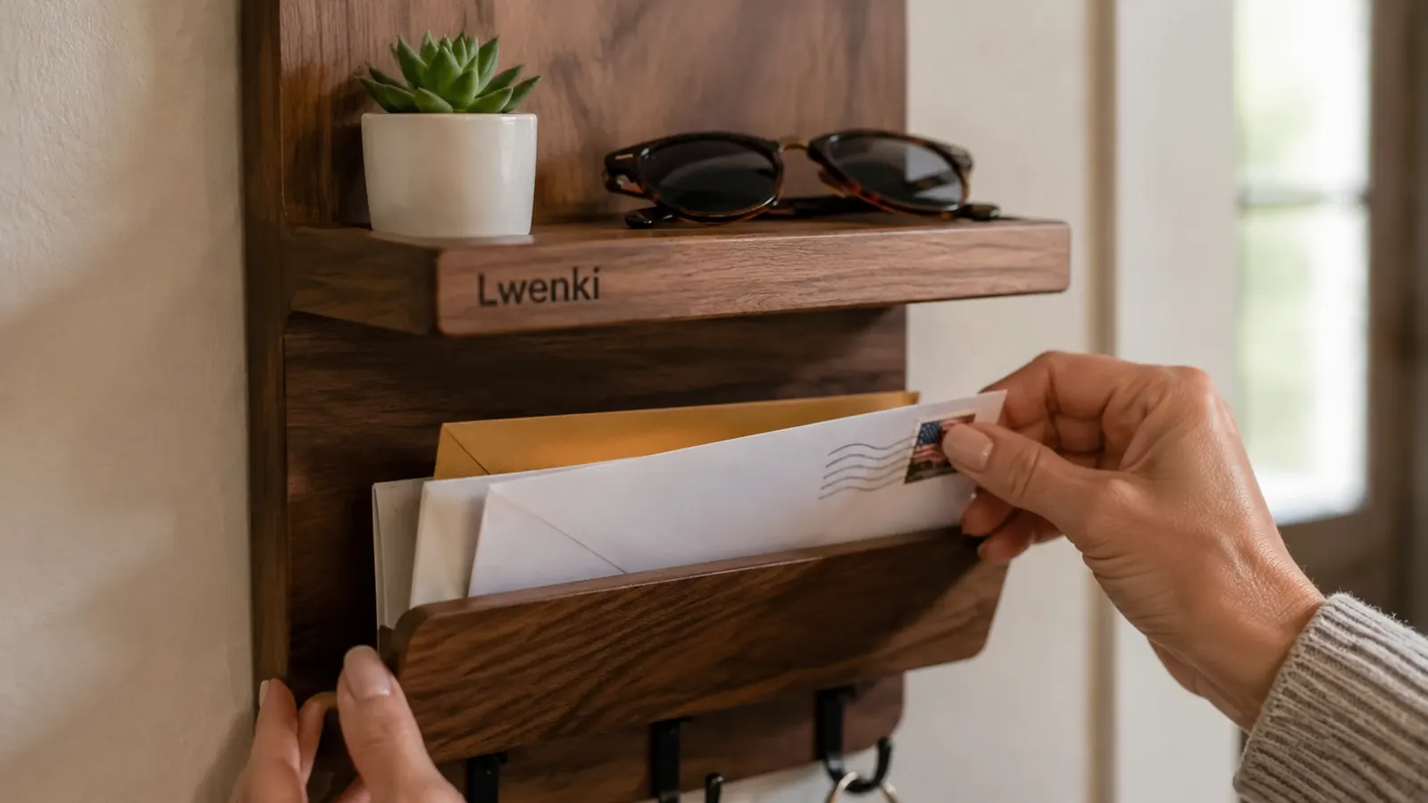 Close-up of the Lwenki key holder shelf holding a small plant and sunglasses, mail visible in the slot below