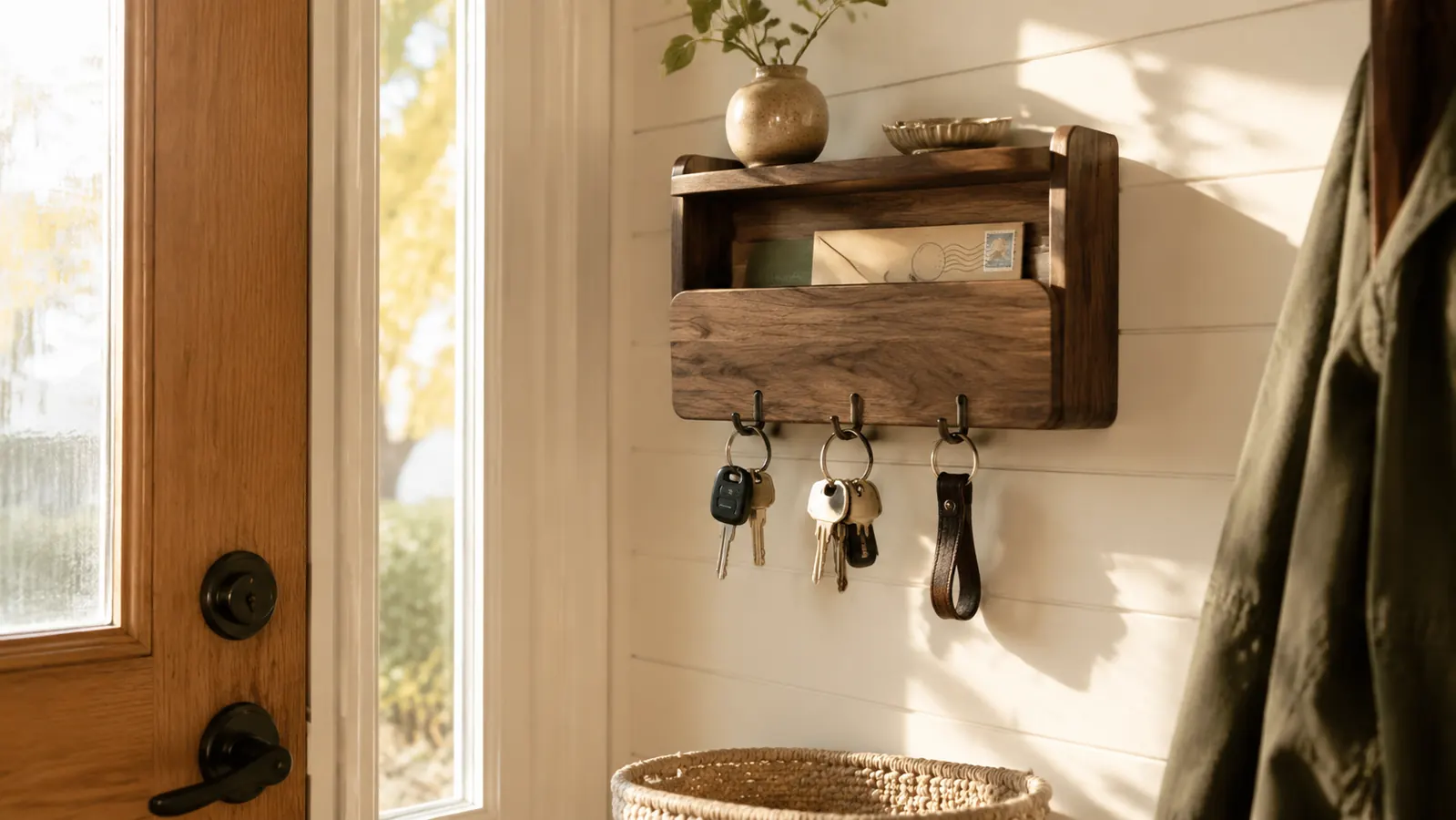 Lwenki wall key and mail holder mounted beside a front door, keys hanging on hooks, mail in the slot, morning light coming through a sidelight window