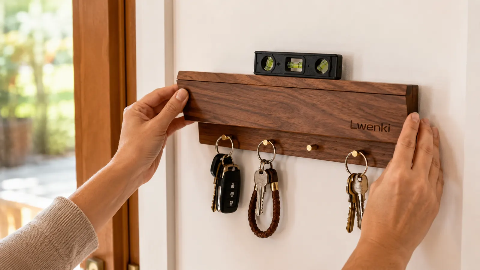 Hands mounting the Lwenki key holder on a white wall next to a front door