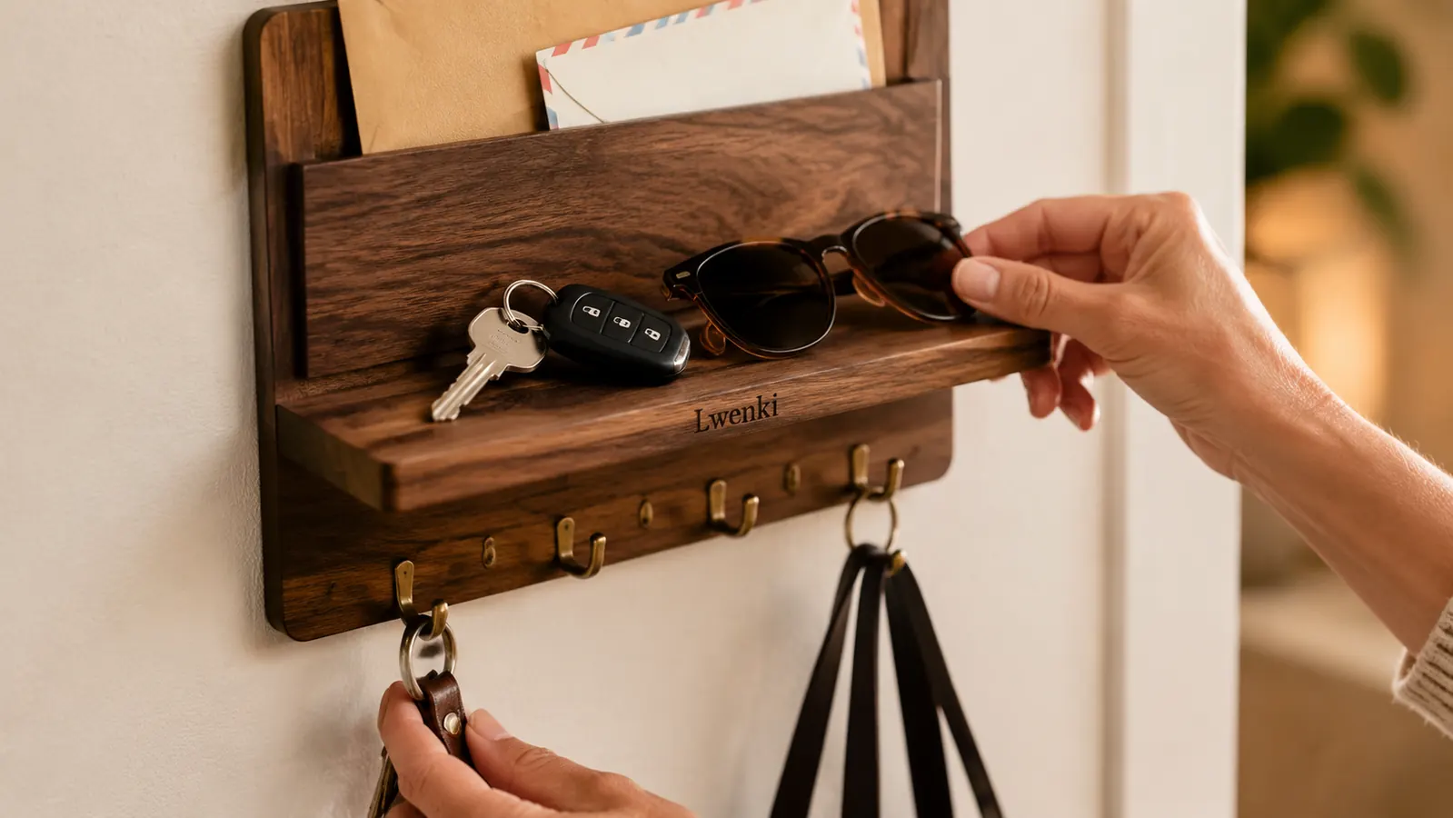 Lwenki key holder shelf holding keys, sunglasses, and a small stack of mail near a front door