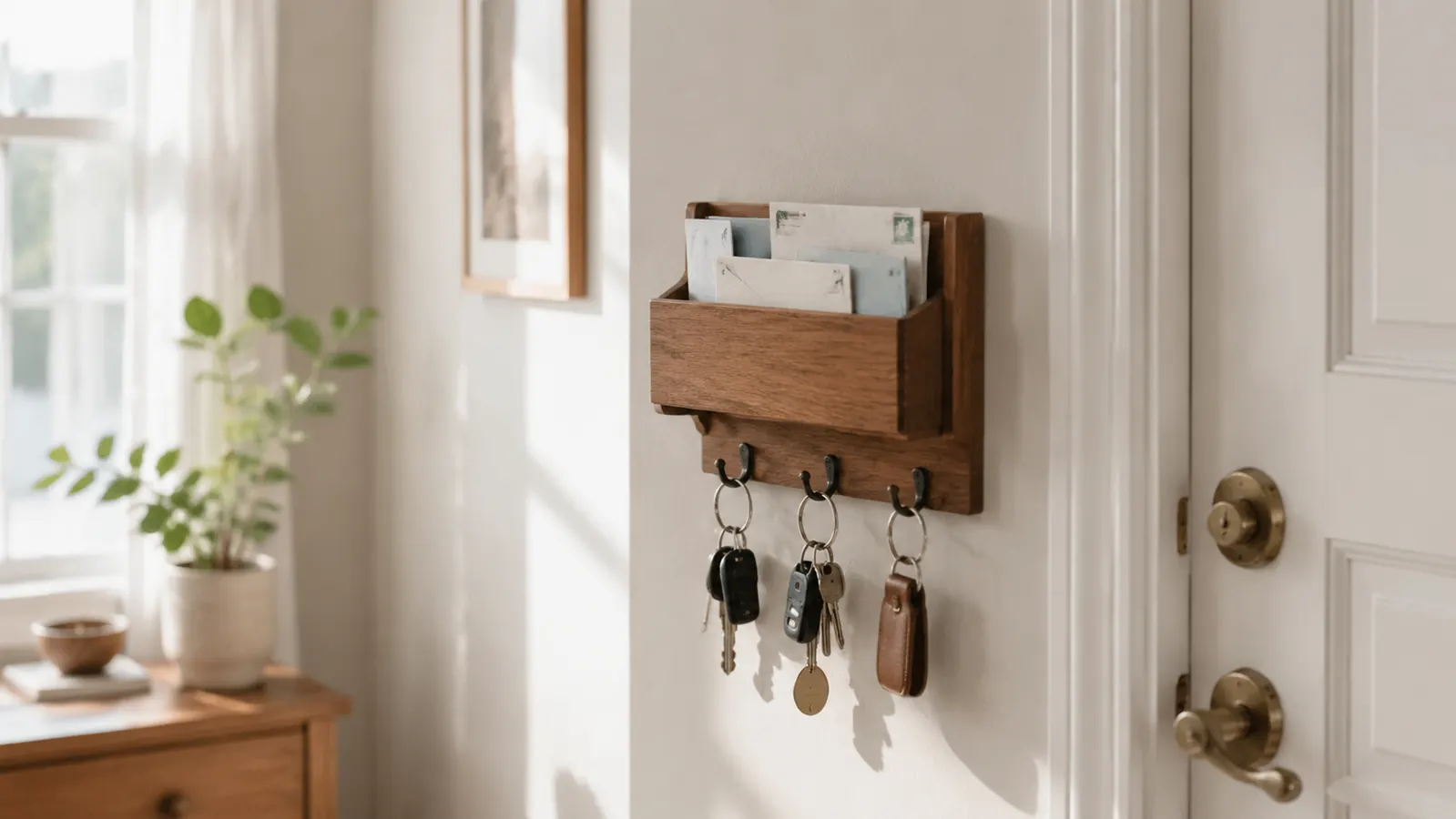 A tidy apartment entryway with a wooden key and mail holder mounted by the front door, keys hanging neatly on hooks