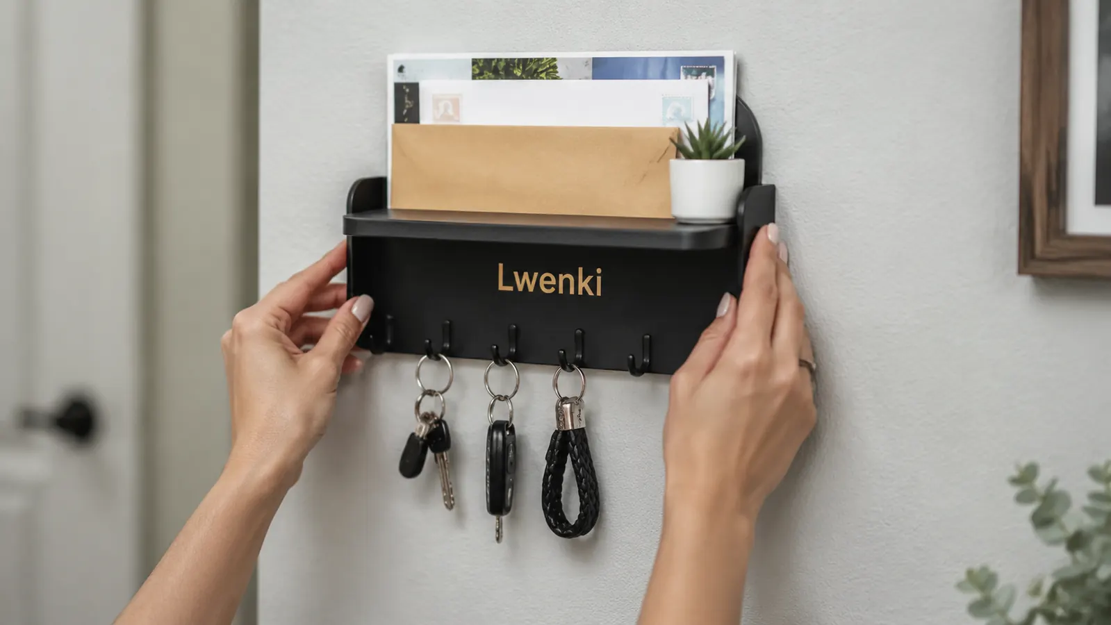 Lwenki key and mail holder mounted on wall showing hooks, shelf, and mail slot in use
