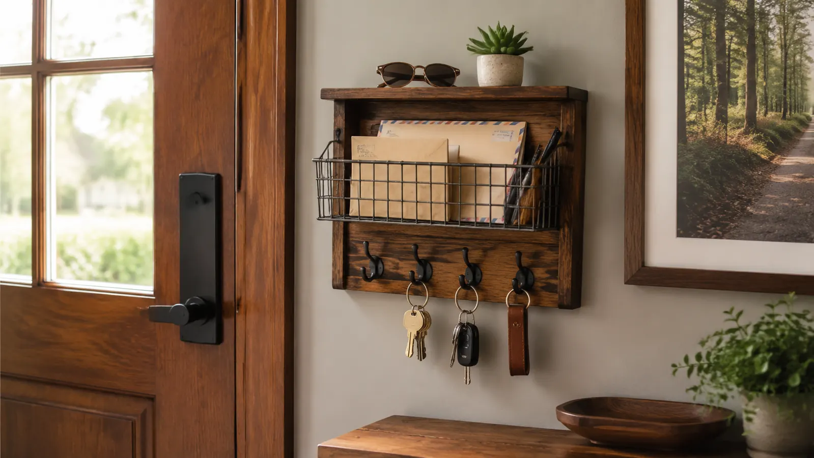 Organized entryway wall with key holder, small shelf, and mail slot beside a front door