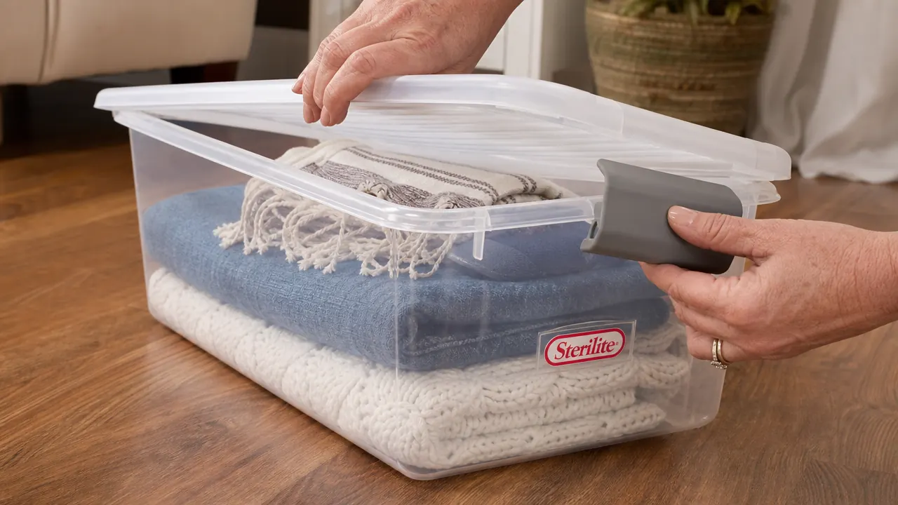 Hand pressing down on the side latch of a Sterilite under-bed storage bin to close the lid