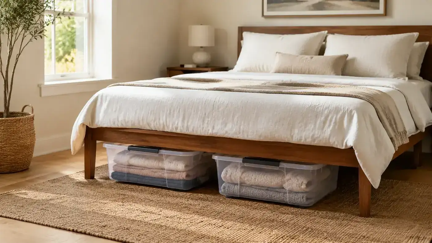 Clear plastic under-bed storage bins neatly lined up under a bed frame in a tidy bedroom