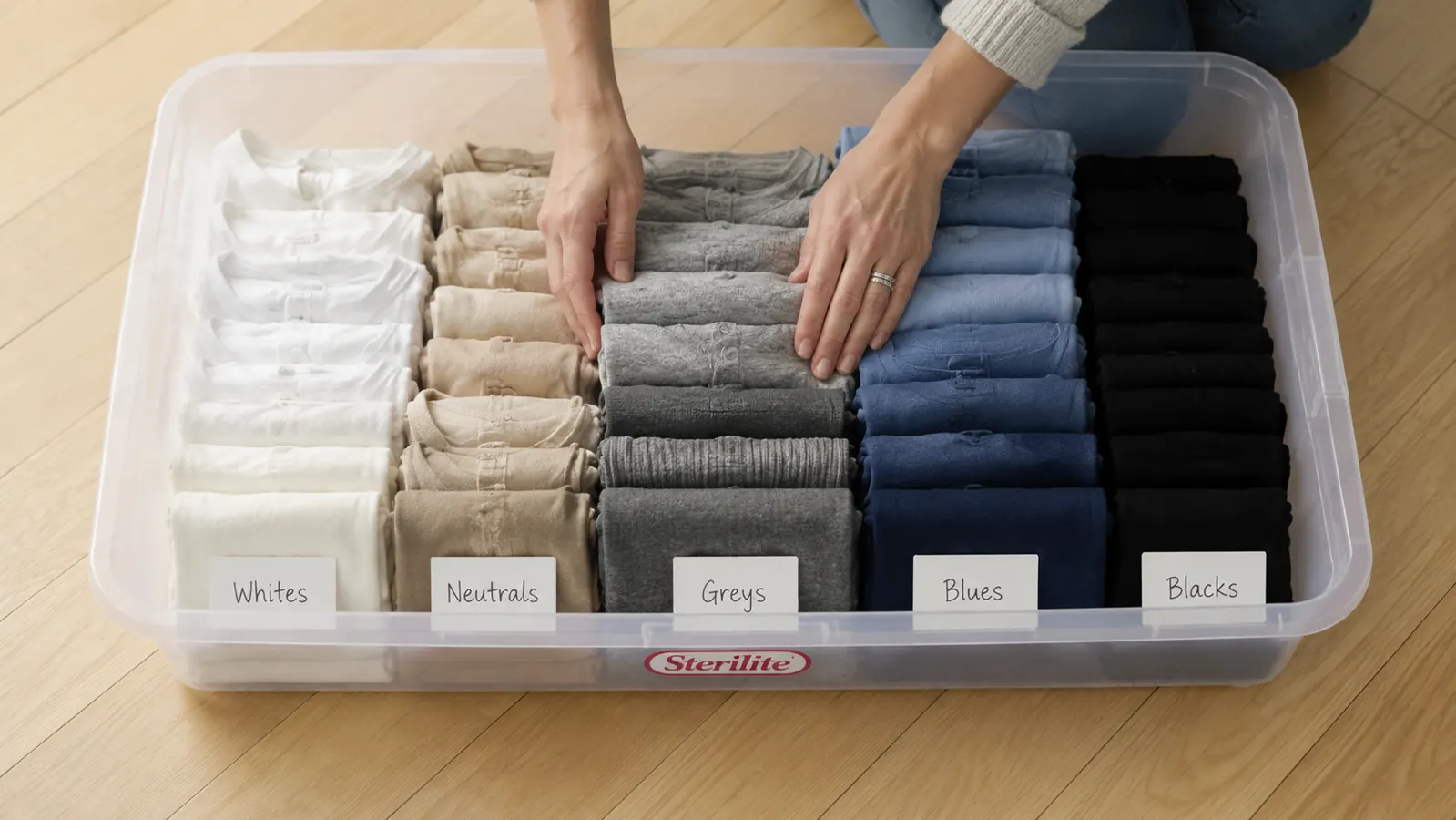 Open Sterilite under-bed bin organized with labeled fabric dividers separating summer and winter clothes