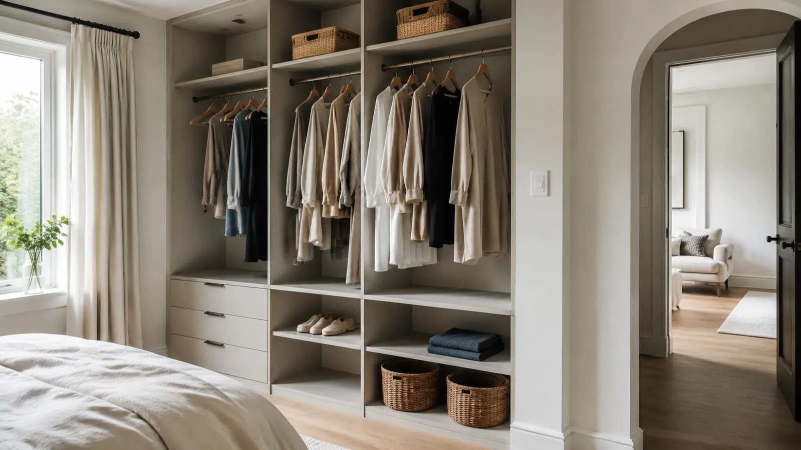 A bedroom closet with extra space after seasonal clothes moved to under-bed storage bins