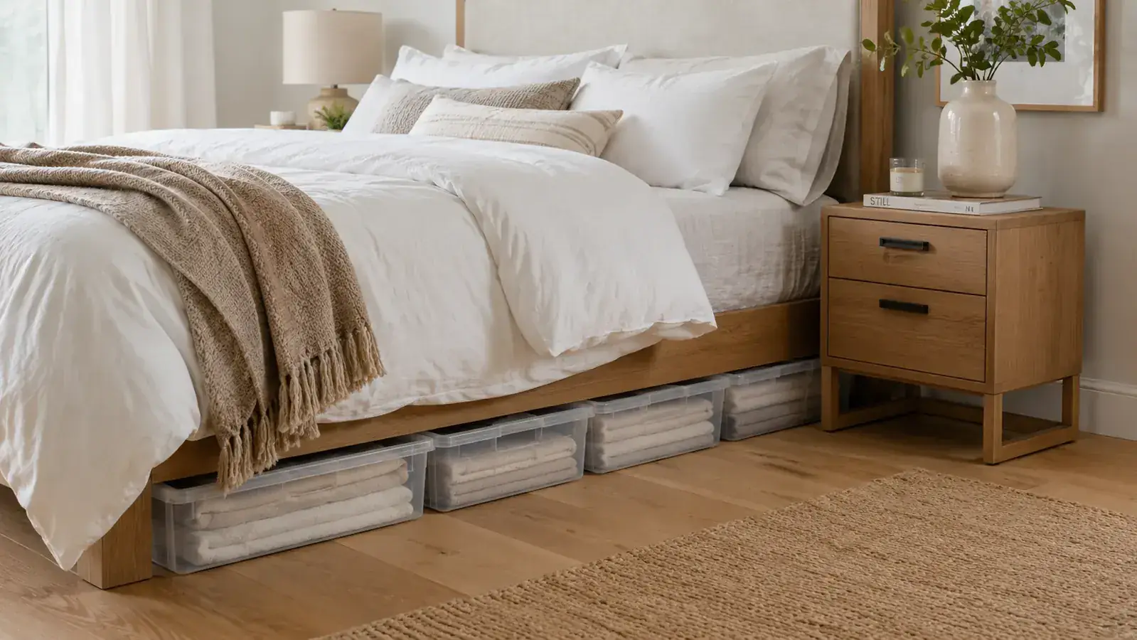 A tidy bedroom with flat, clear storage bins visible beneath a white bed frame, soft natural light from a window