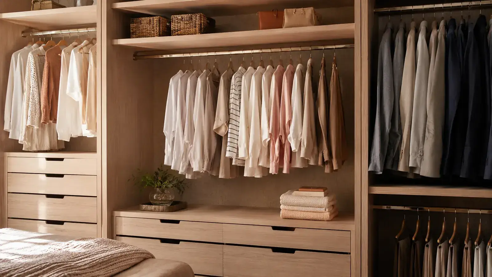 Open closet with organized shelves, empty upper shelf where bulky winter clothes used to be